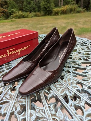 Salvatore Ferragamo Espresso Calf Croco Print Shoes Made in Italy