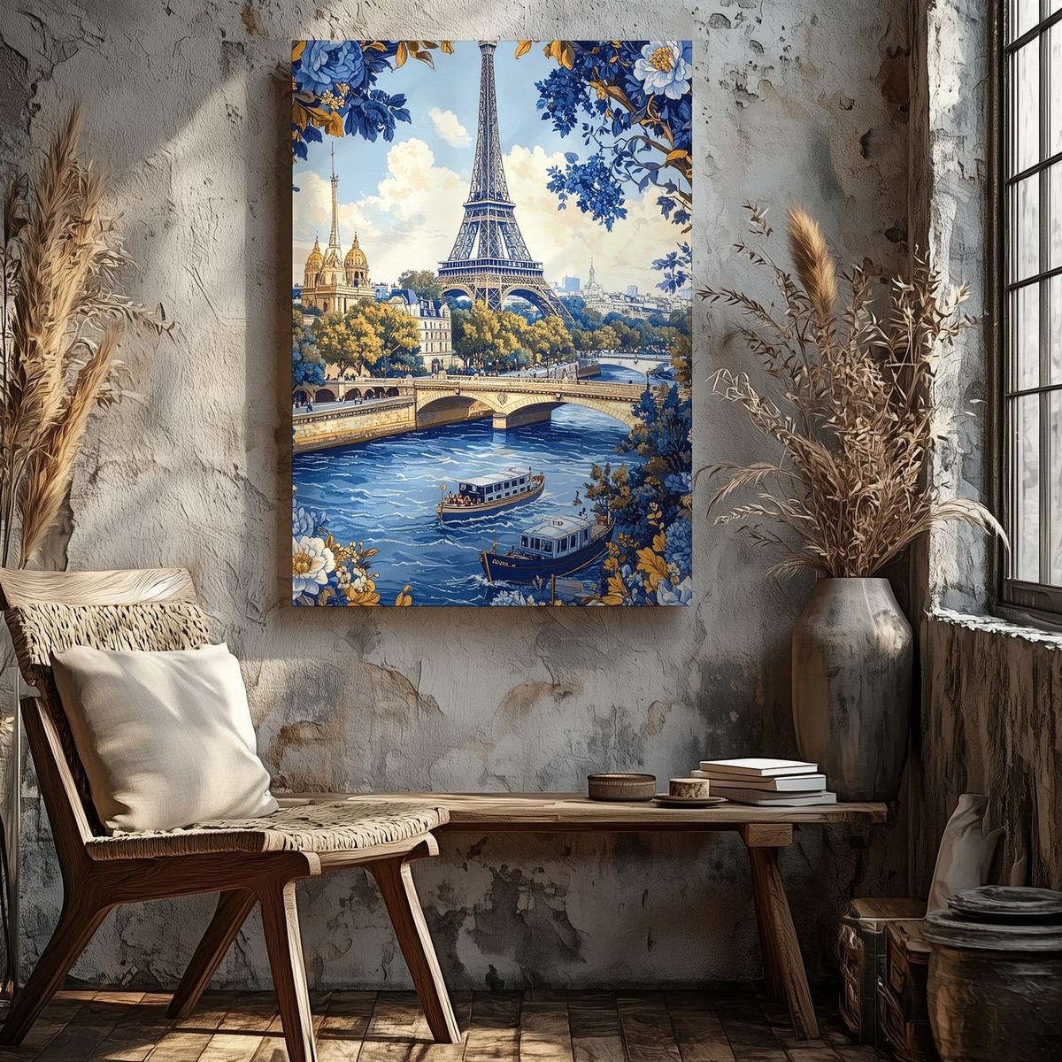 Vintage Paris Canvas Blue And Gold Illustration Of The Eiffel