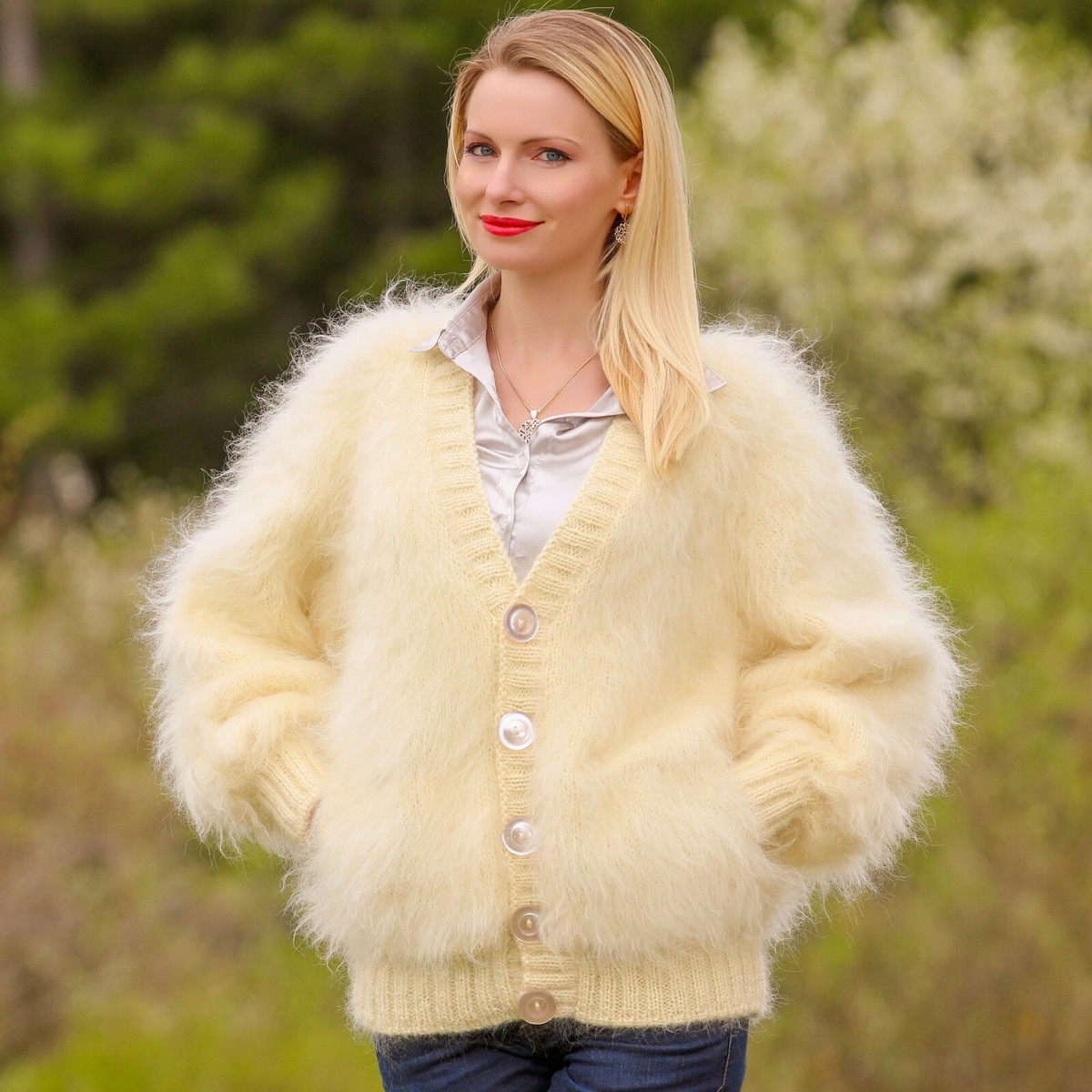 Fuzzy mohair cardigan thick sweater V neck warm hand knitted