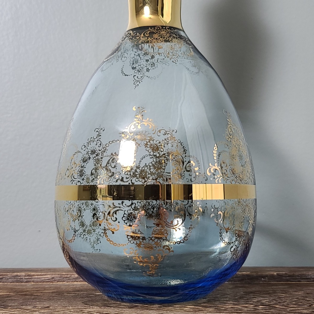 Vintage Murano Italian Blue & 22K Gold Blown Glass Wine Decanter