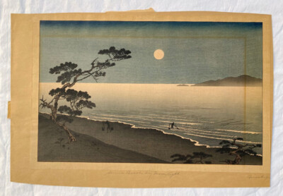 Arai Yoshimune Japanese Woodblock Print. Suma Beach by Moonlight