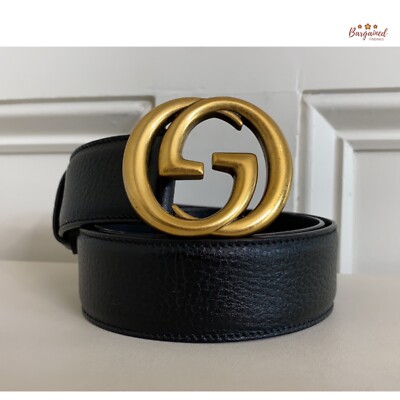 Authentic Gucci Black Pebbled Calfskin Leather Gold Double G