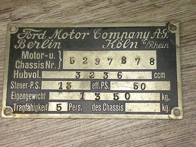 Ford Motor co. vin tag vehicle identification from German car