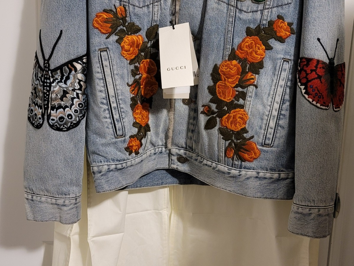 GUCCI sz IT 44 US XS Mens Embroidered Denim Jacket with Shearling