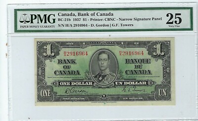 1937 $1 Bank of Canada Note Gordon-Towers H/A Narrow BC-21b - PMG