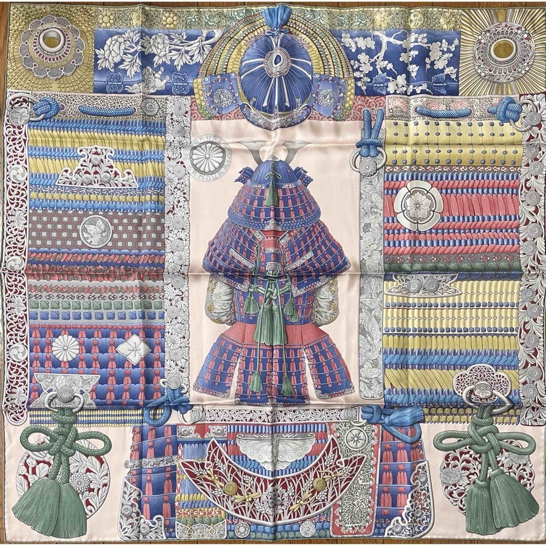 Hermes Scarf Parures de Samourais 90 cm Silk pink blue Carre
