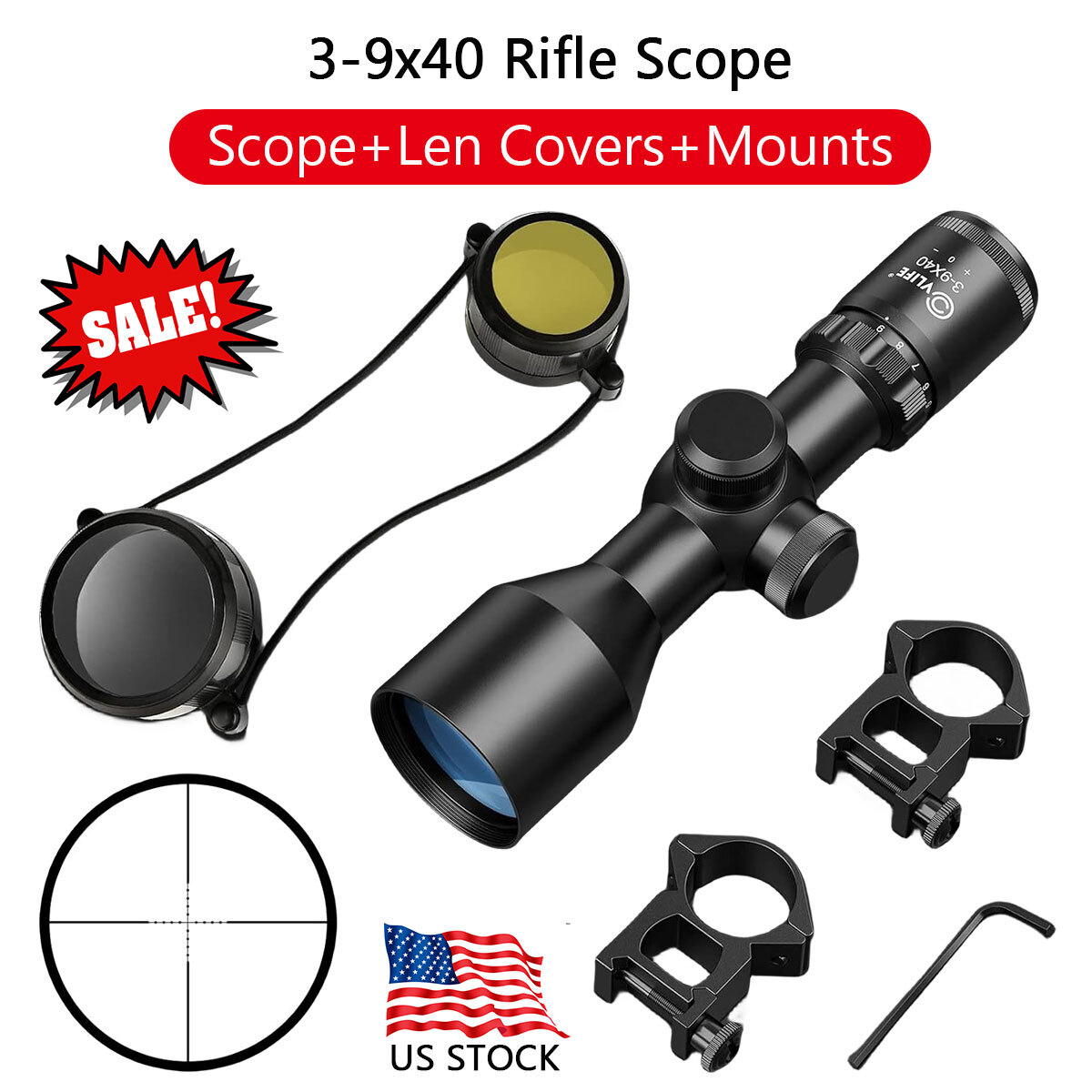 3-9x40 Compact Rifle Scope + Len Cover + Ring Mounts - Crosshair