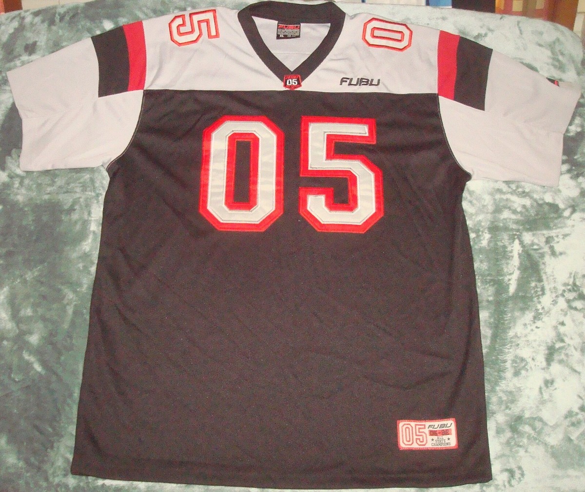 VTG 90s FUBU 05 FOOTBALL JERSEY XL HIP HOP RAP SEWN GRAY BLACK ALL