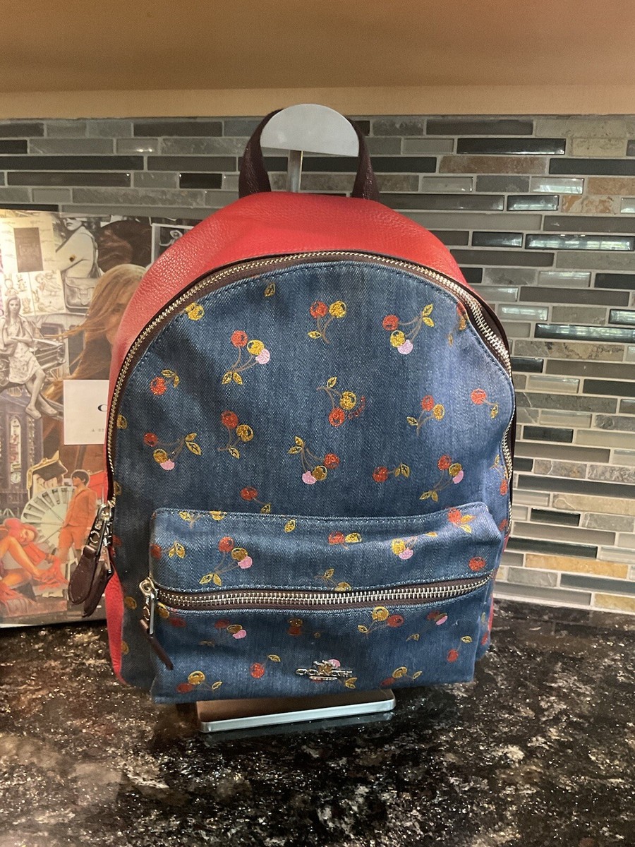 Coach Medium Charlie Backpack Pebble Denim Cherry Print Leather
