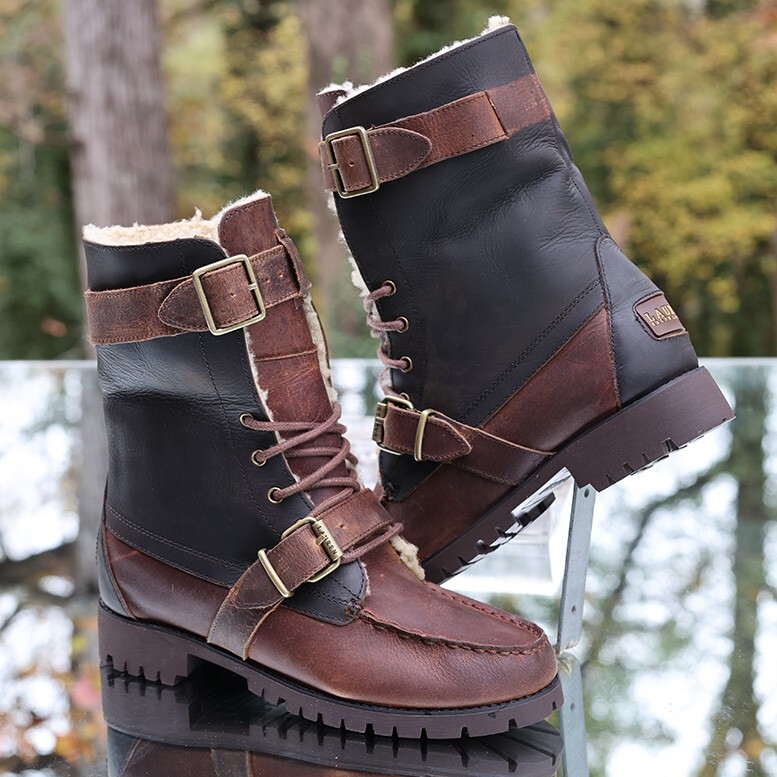 Ralph Lauren Zacha Shearling Leather Combat Boots Brown Roll Over