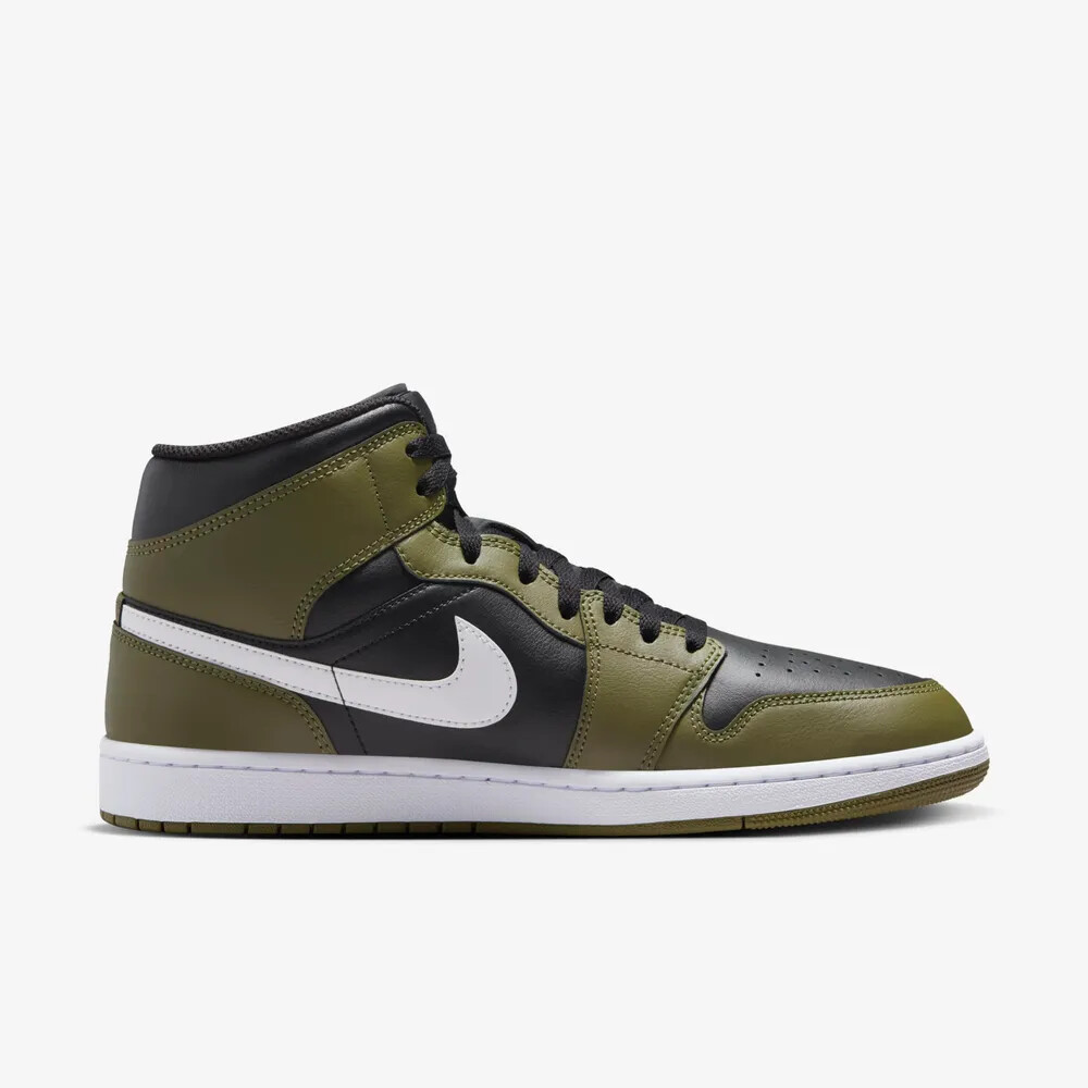 New Nike Air Jordan 1 Mid Shoes - Black/ Medium Olive (DQ8426-092