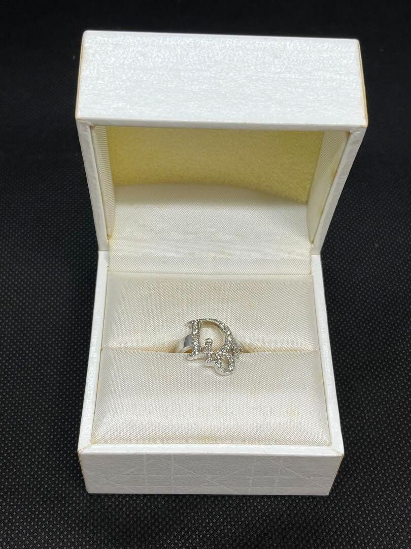 Christian Dior Silver Logo Ring Size 9 Vintage Rhinestone Brand