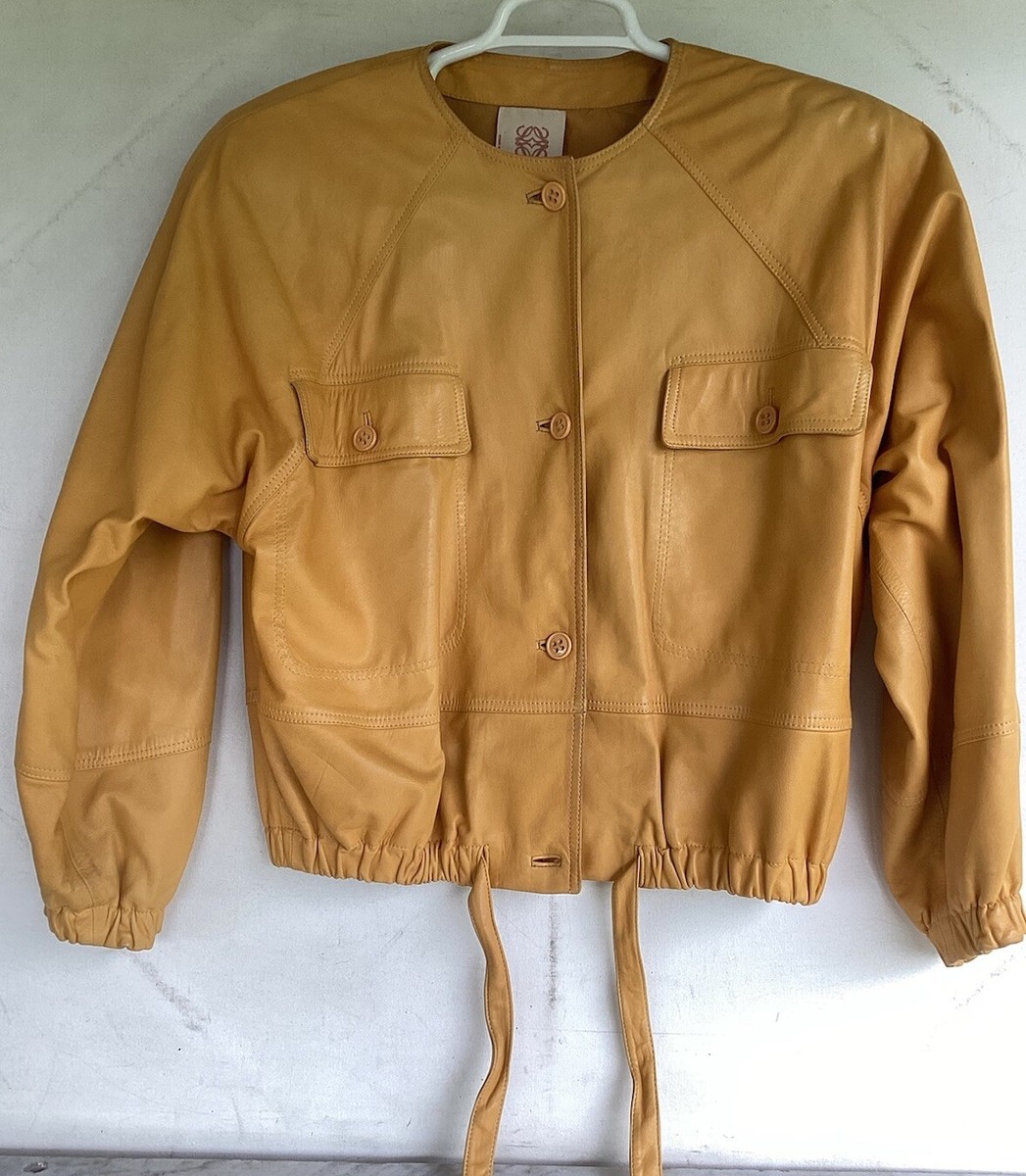 Vintage 80's LOEWE Yellow Lamb skin Shoulder Pads Leather Jacket
