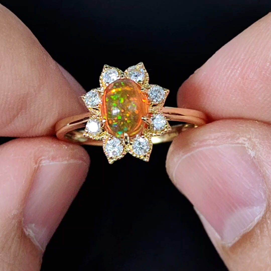 Starry Night Mexican Fire Opal Diamond Engagement Ring 18K Yellow