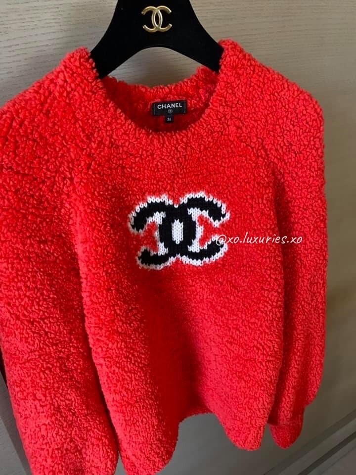 Authentic CHANEL Sz36 Logo CC Pullover Sweater Teddy Bear Red Wool