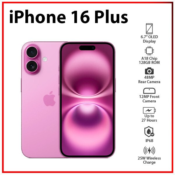 Apple iPhone 16 Plus 5G 8GB+128GB PINK Dual SIM Unlocked iOS Cell