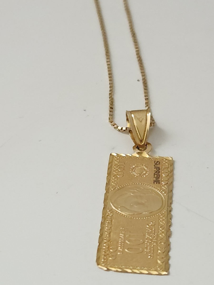 FW17 Supreme 100 Dollar Bill Gold Pendant + chain 14K Yellow