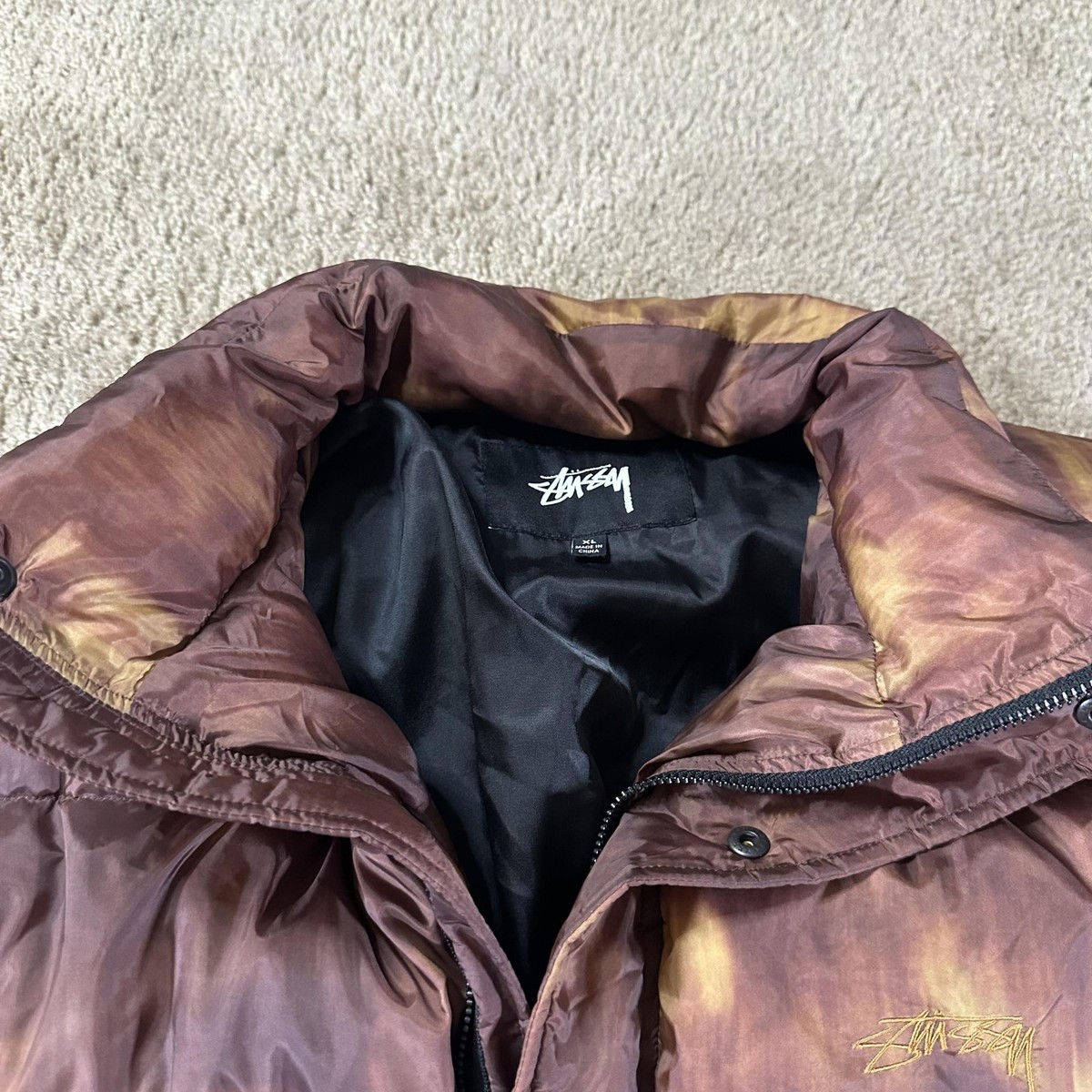 Stussy Puffer Jacket Mens XL Brown Orange Down Feather Full Zip