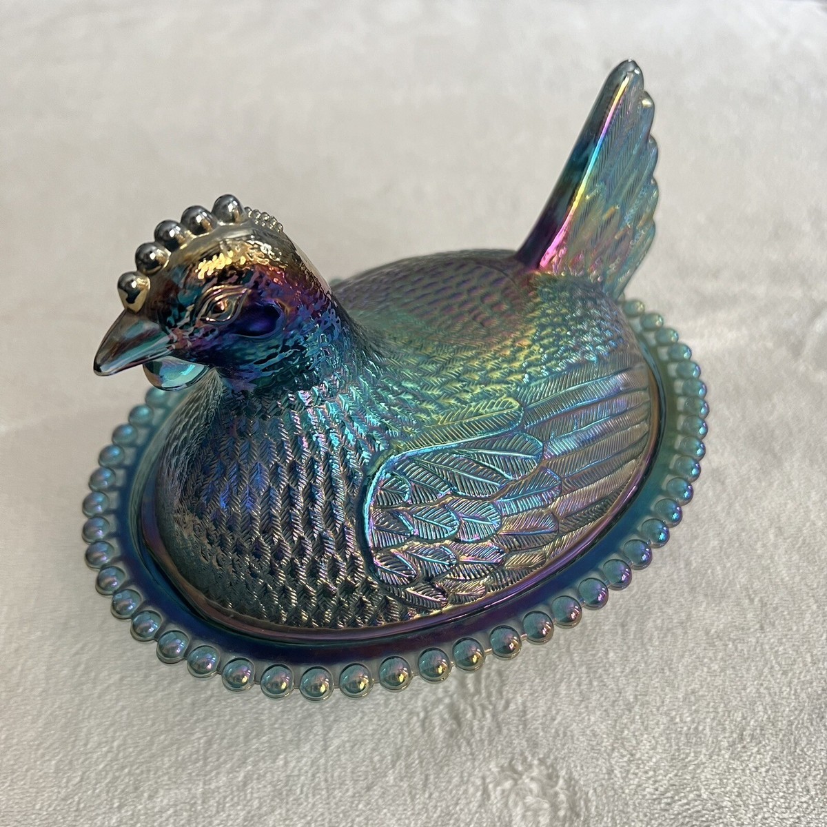 Vintage Indiana Glass Iridescent Carnival Blue Hen on Nest Covered