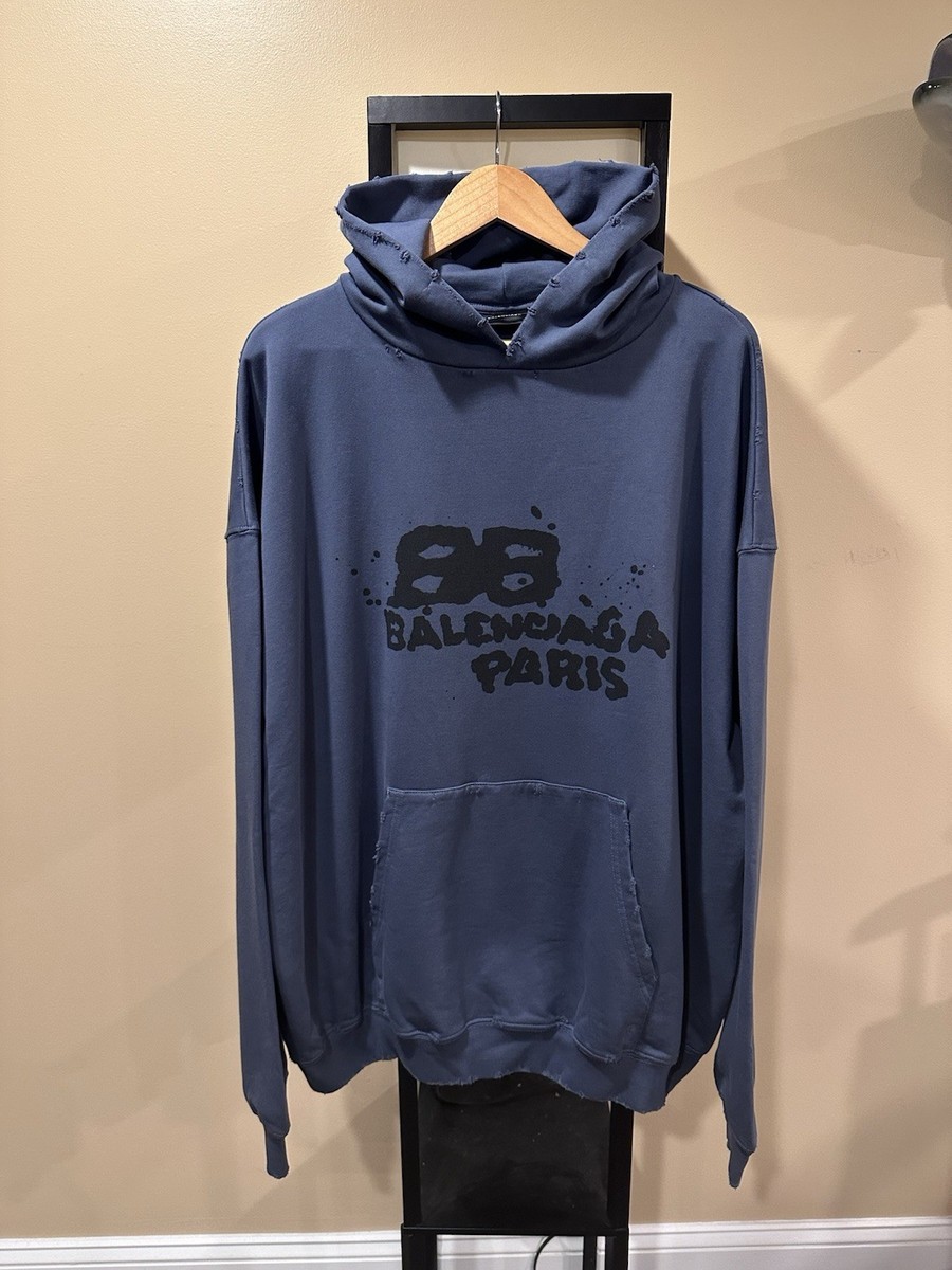 Balenciaga Oversize Spray Bleach Print Logo Dark Blue Hoodie | eBay