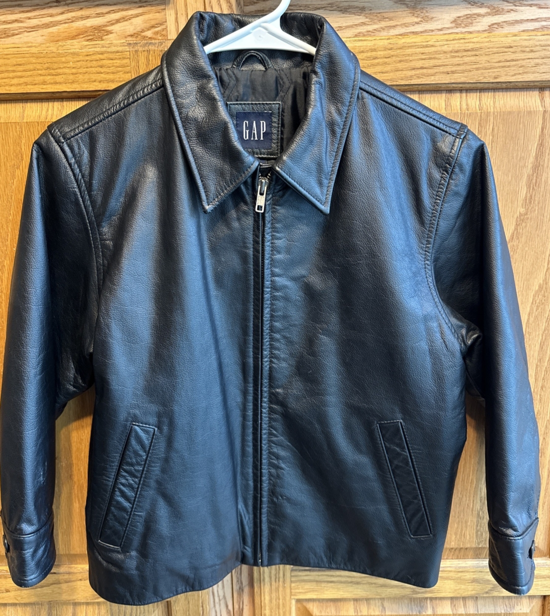 GAP Kids S Black Genuine Leather Jacket Zip Front Lined Coat VTG