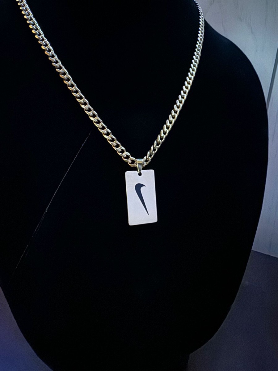 Nike Necklace Dog Tag - 22 Inch Chain - 5mm Cuban - Gold Plated