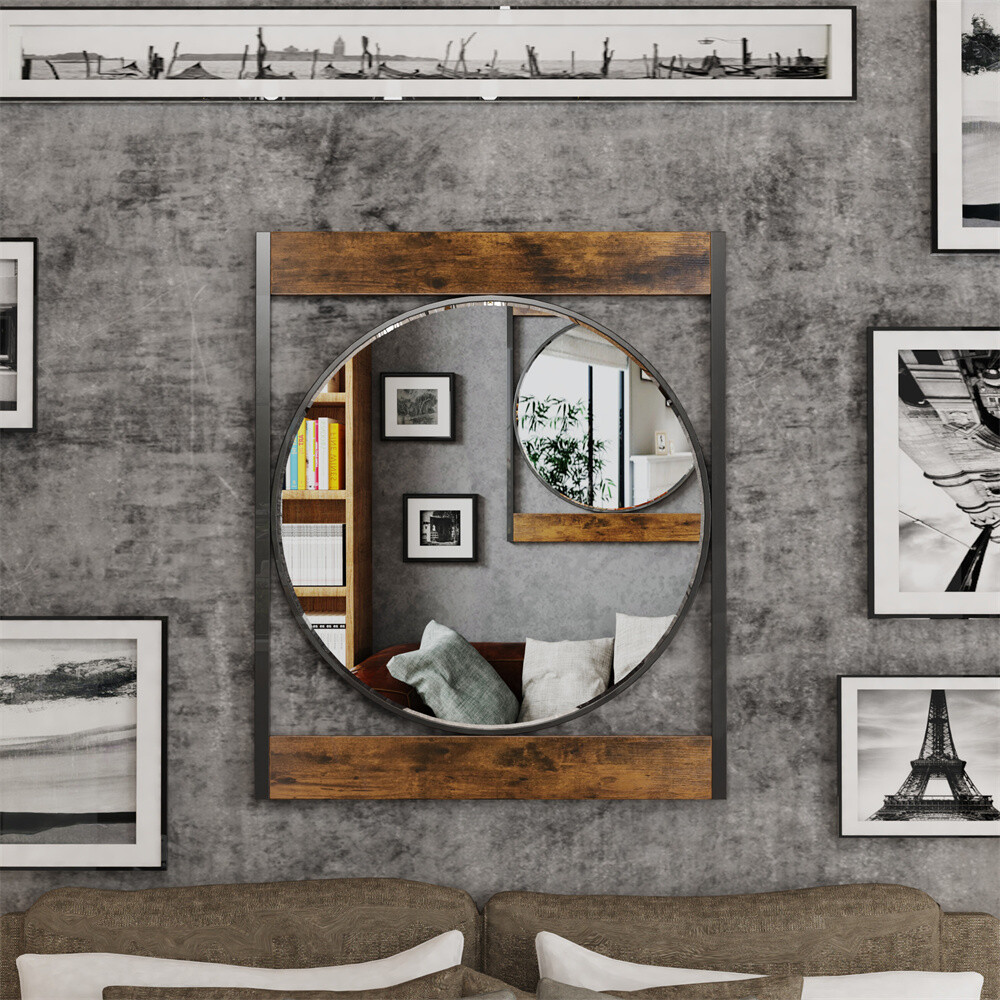 Farmhouse Metal Round Mirror in Square Frame Wall Decor for