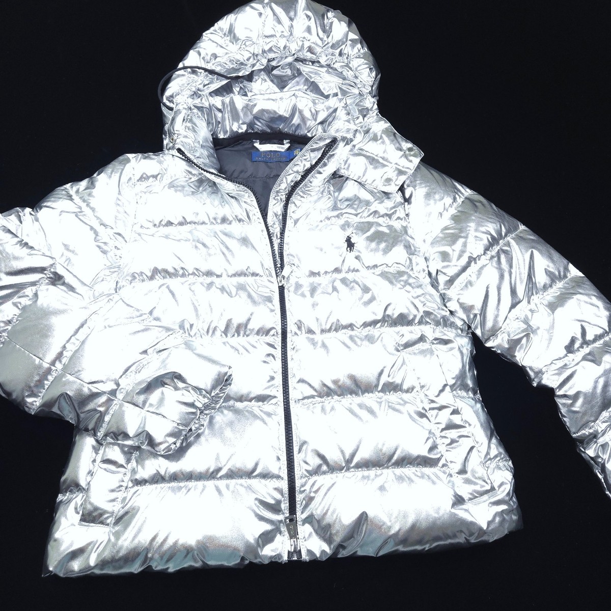 POLO RALPH LAUREN WOMENS JACKET PUFFER -XS- SILVER FOIL QUILTED