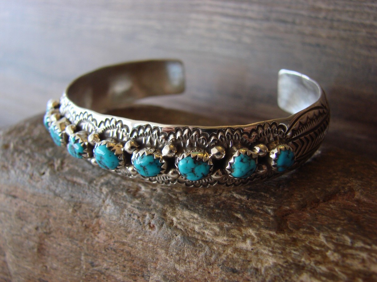 Navajo Sterling Silver Turquoise Row Bracelet Signed GS | eBay