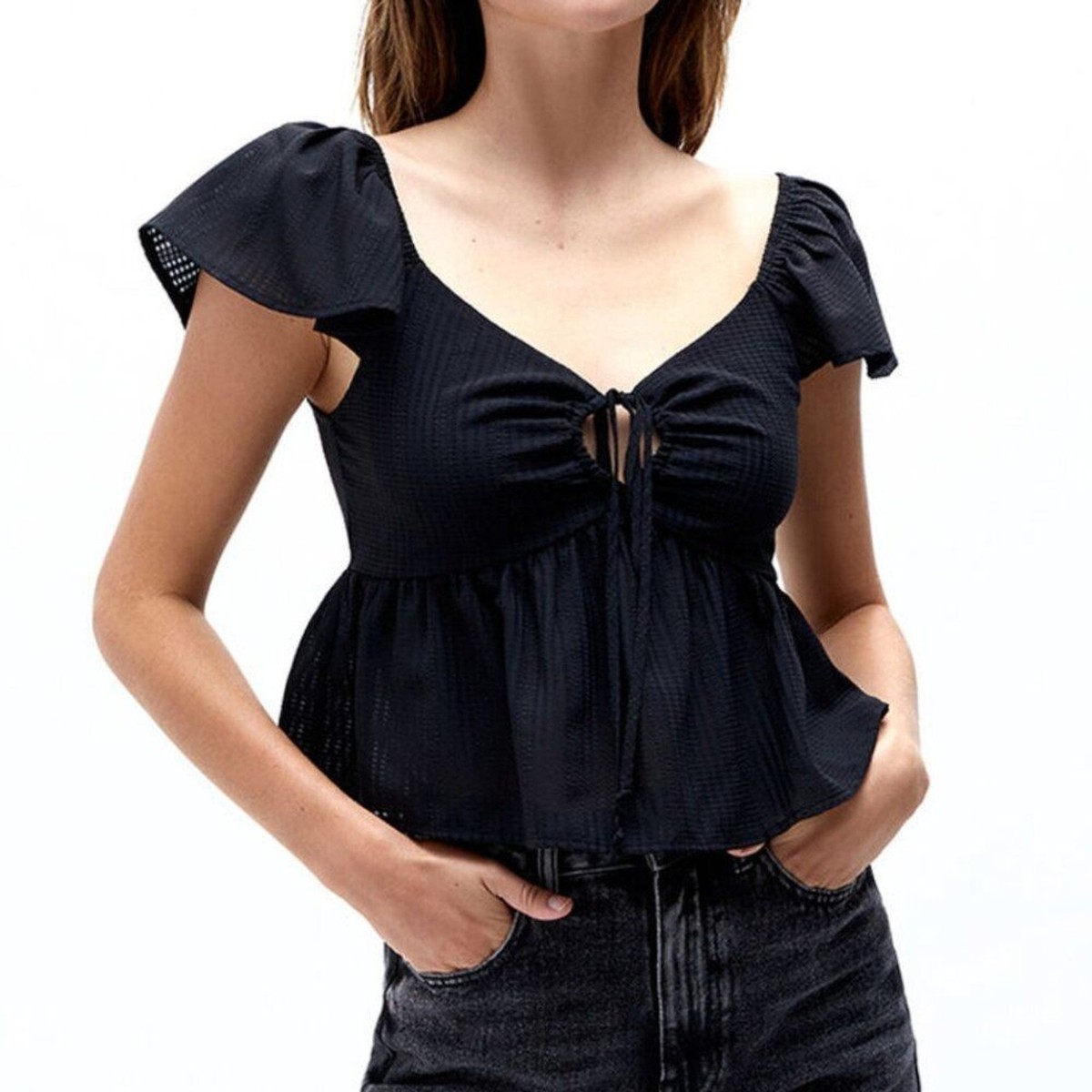 PacSun LA Hearts Short Sleeve Keyhole Babydoll Top Black (Large