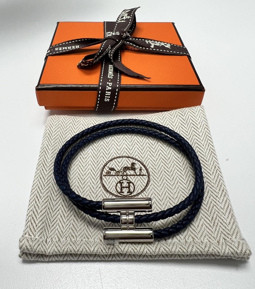 NEW Hermes Tournis Tresse Bracelet, Navy, Size T5, Palladium