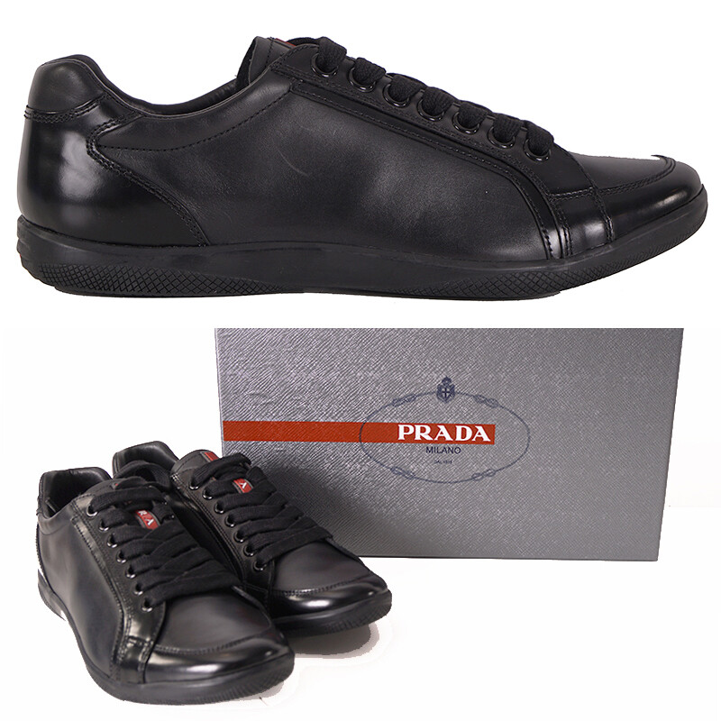 US 8/8.5 NEW PRADA Mens LINEA ROSSA Black All Leather RED LOGO