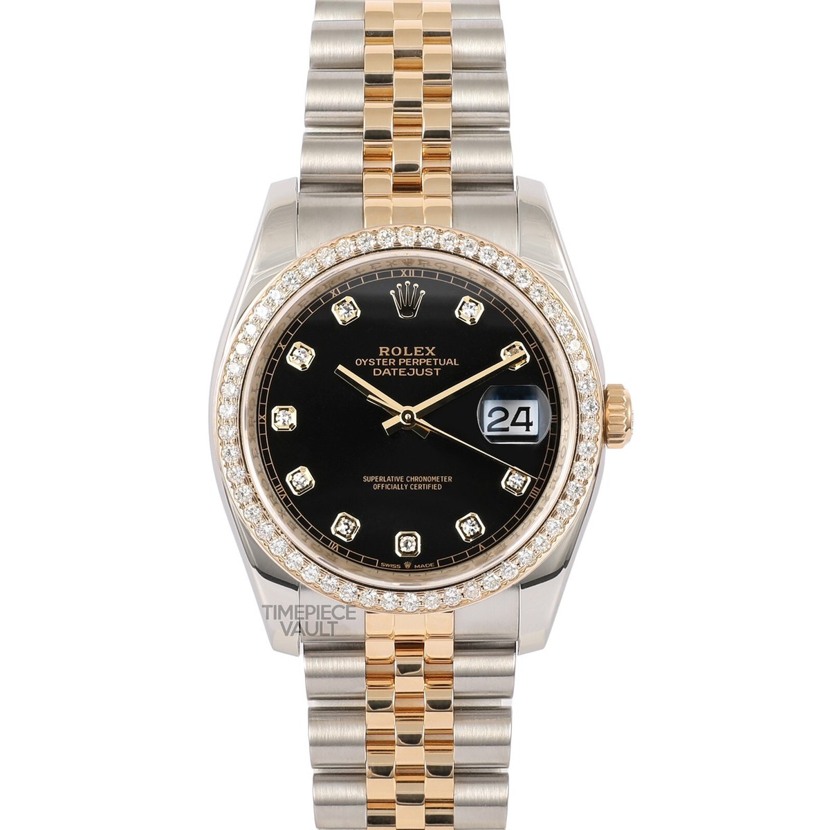 Rolex Datejust 116233 18k Gold/Steel 36mm Watch-Black Diamond Dial