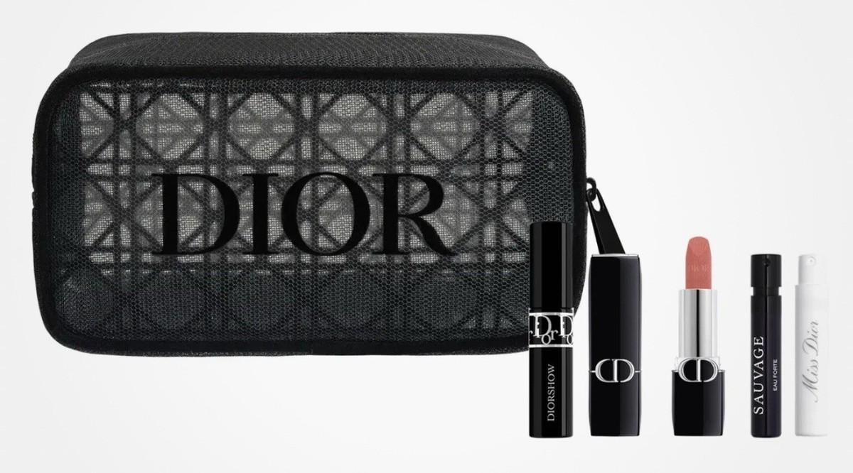 Dior Set Cosmetic Bag Makeup Black Mesh Pouch, Mascara, Rouge