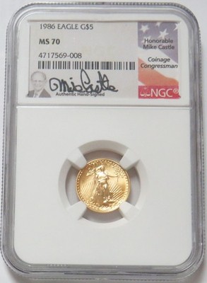 1986 GOLD MIKE CASTLE SIGNED NGC MS 70 AMERICAN EAGLE $5 COIN 1/10