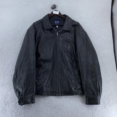 Vintage GAP Leather Jacket Mens XL Black Full Zip Quilted Lined