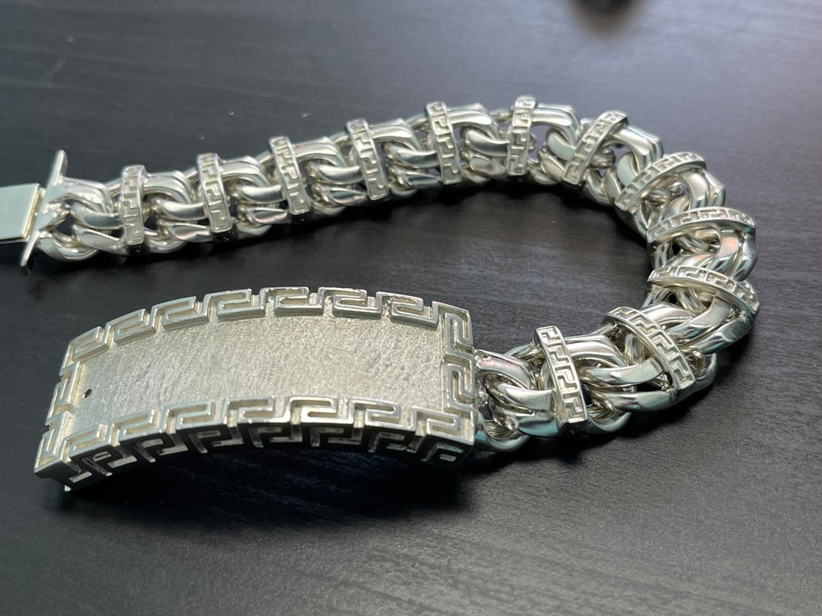 925 Sterling Silver Bar Chino Link Bracelet Versace Frame 184g