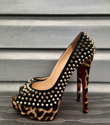 CHRISTIAN LOUBOUTIN Black Suede Gold Studded Spike Peep Toe