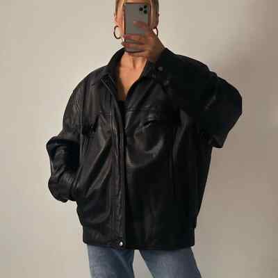 Premium Women's Vintage 90's Oversized Retro Black Lambskin Biker