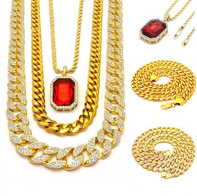 MENS 3 CHAINS SET LAB DIAMOND GOLD FINISH MIAMI CUBAN LINK