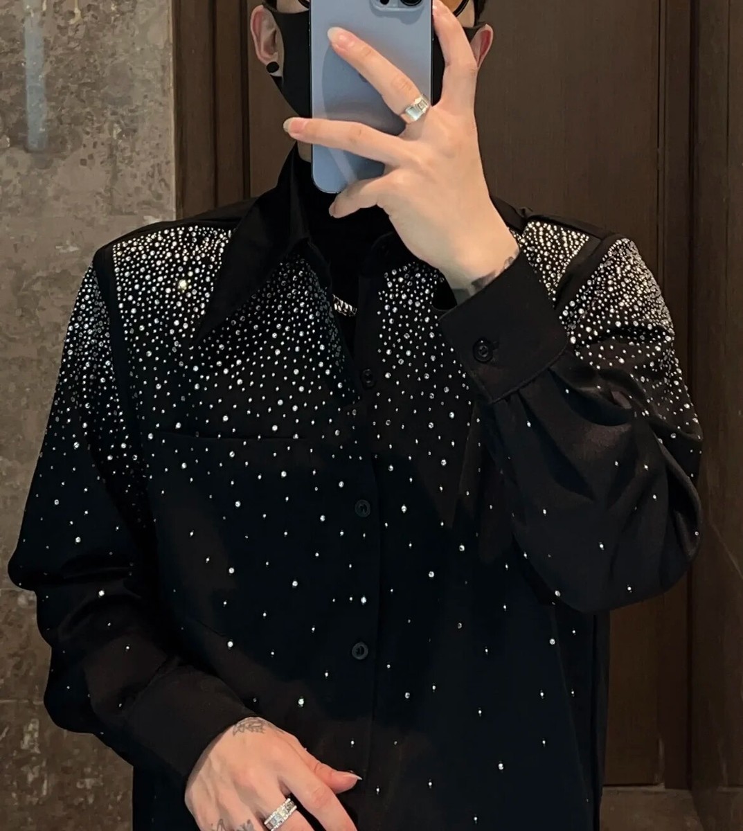 Men Fashion Luxury Trendy Rhinestone Diamond Button Long Sleeve