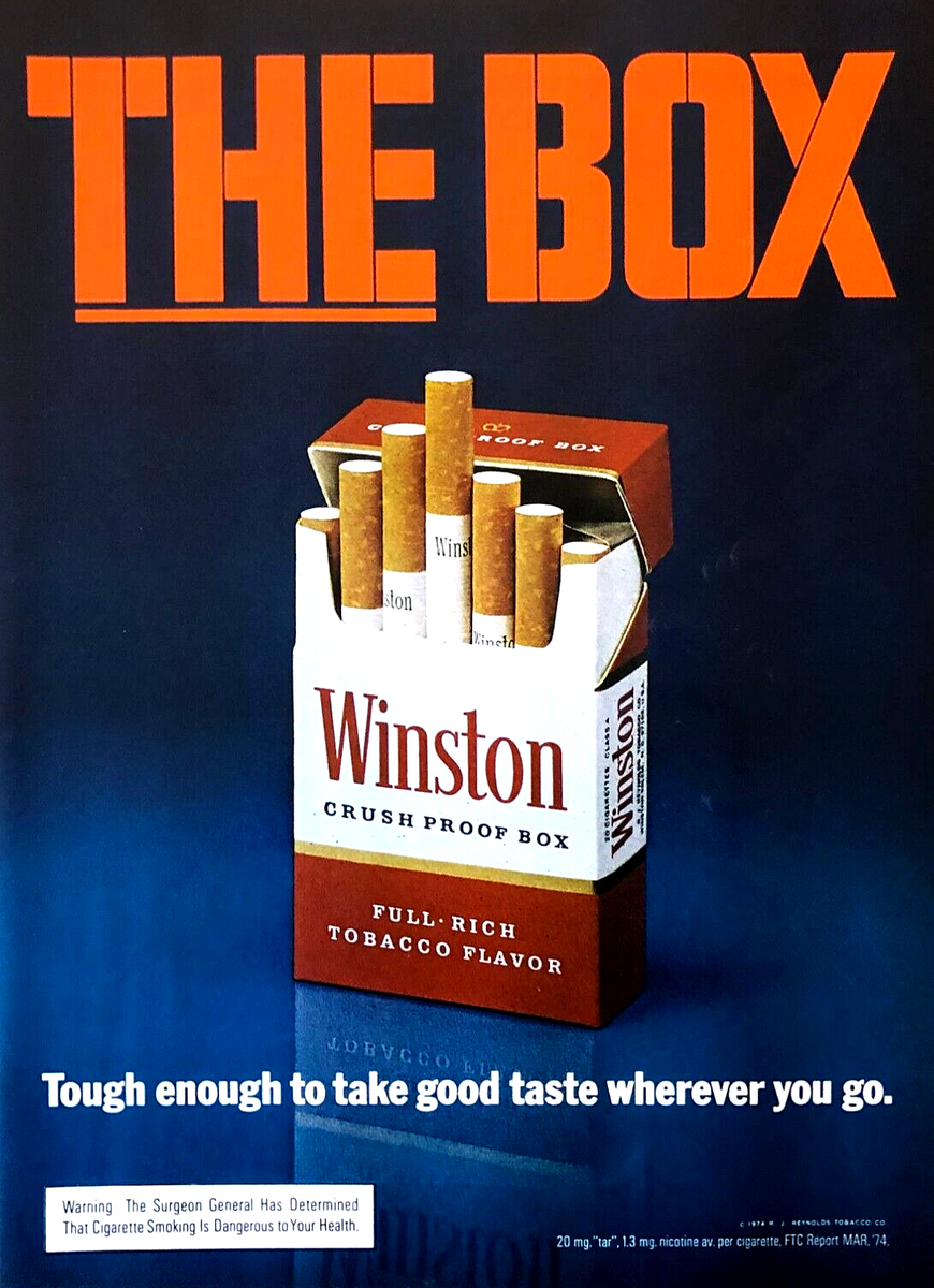 WINSTON CIGARETTES IN CRUSH-PROOF BOX—VINTAGE 1974 MAGAZINE