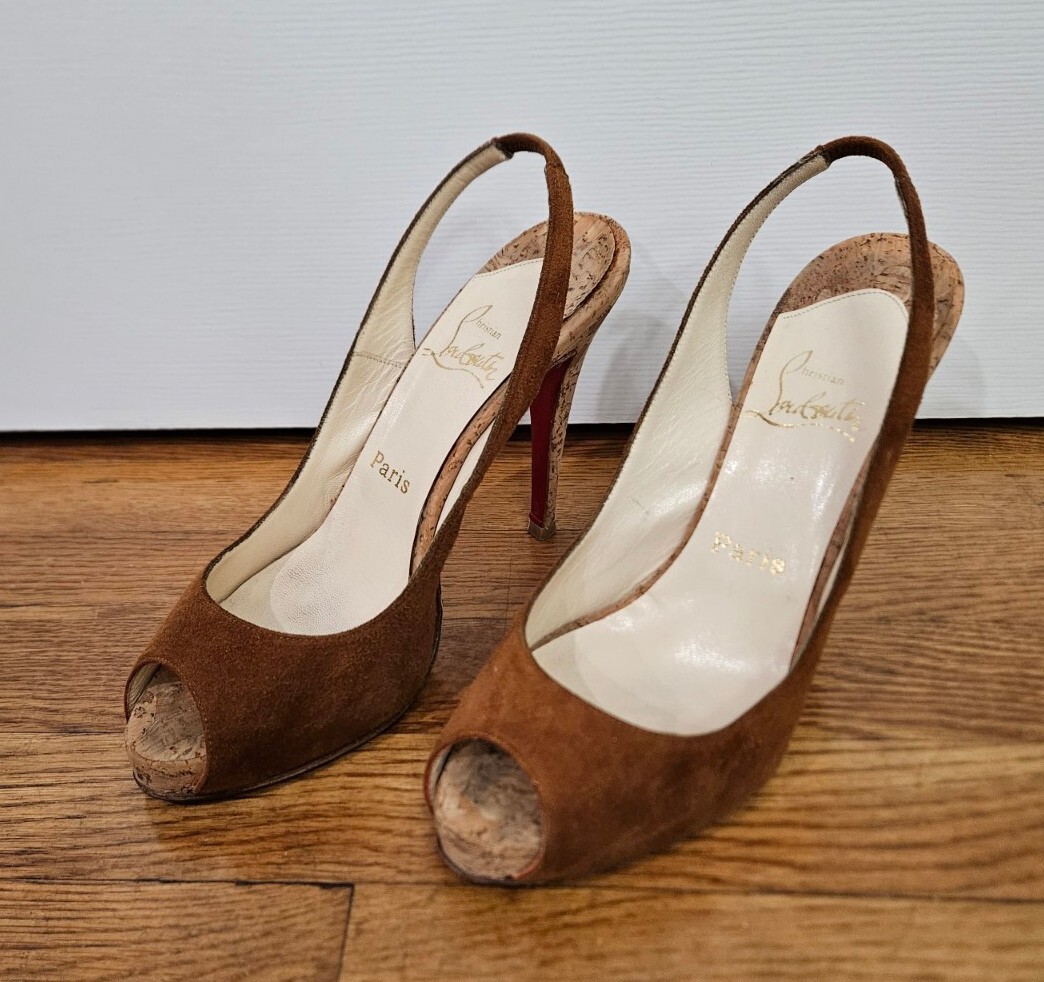 CHRISTIAN LOUBOUTIN BROWN SUEDE w CORK Platform Heel Slingback