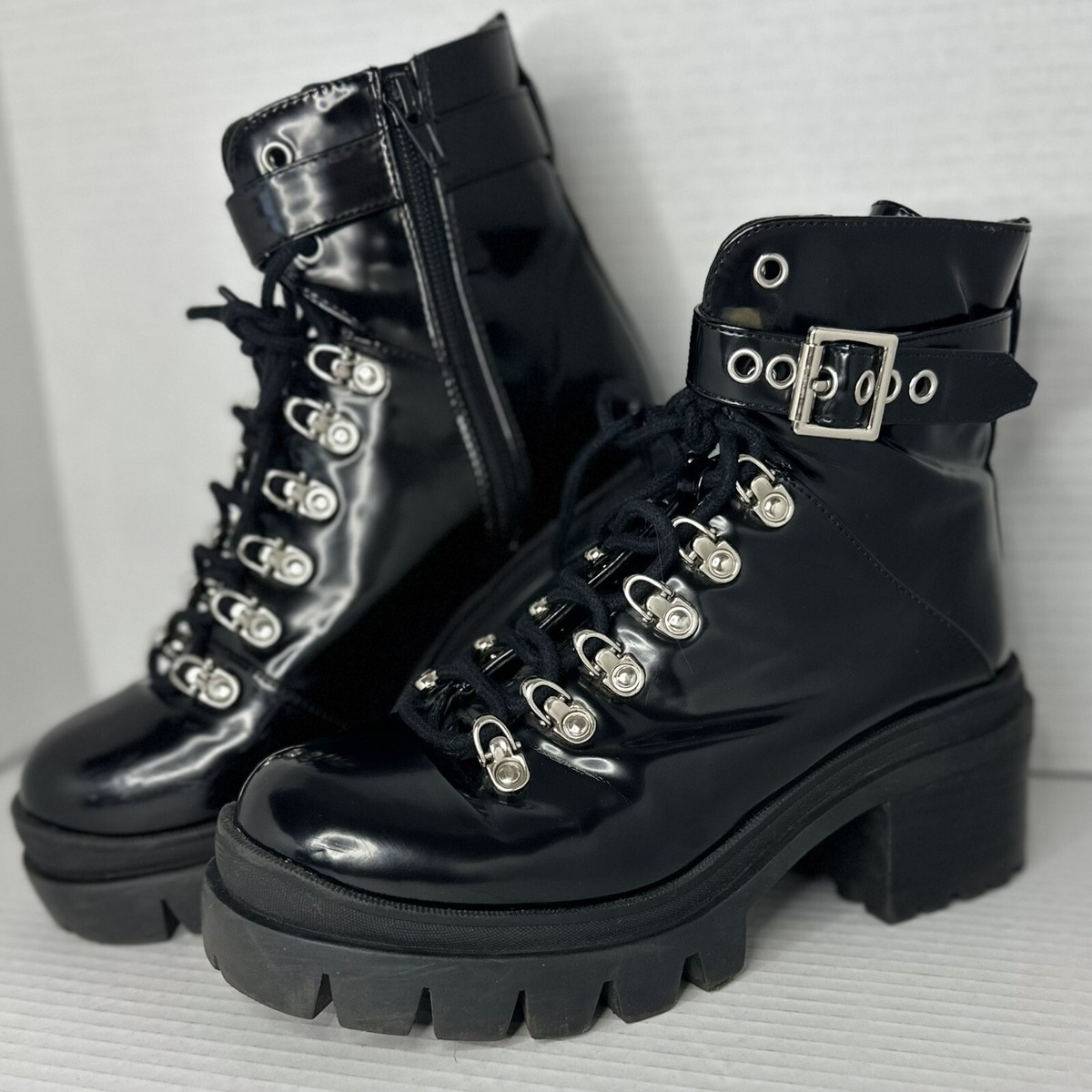 Jeffrey Campbell Czech Combat Boots 7 Black Patent Leather Moto