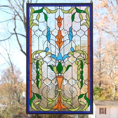 Jeweled Tiffany Style stained glass window panel. 21.25
