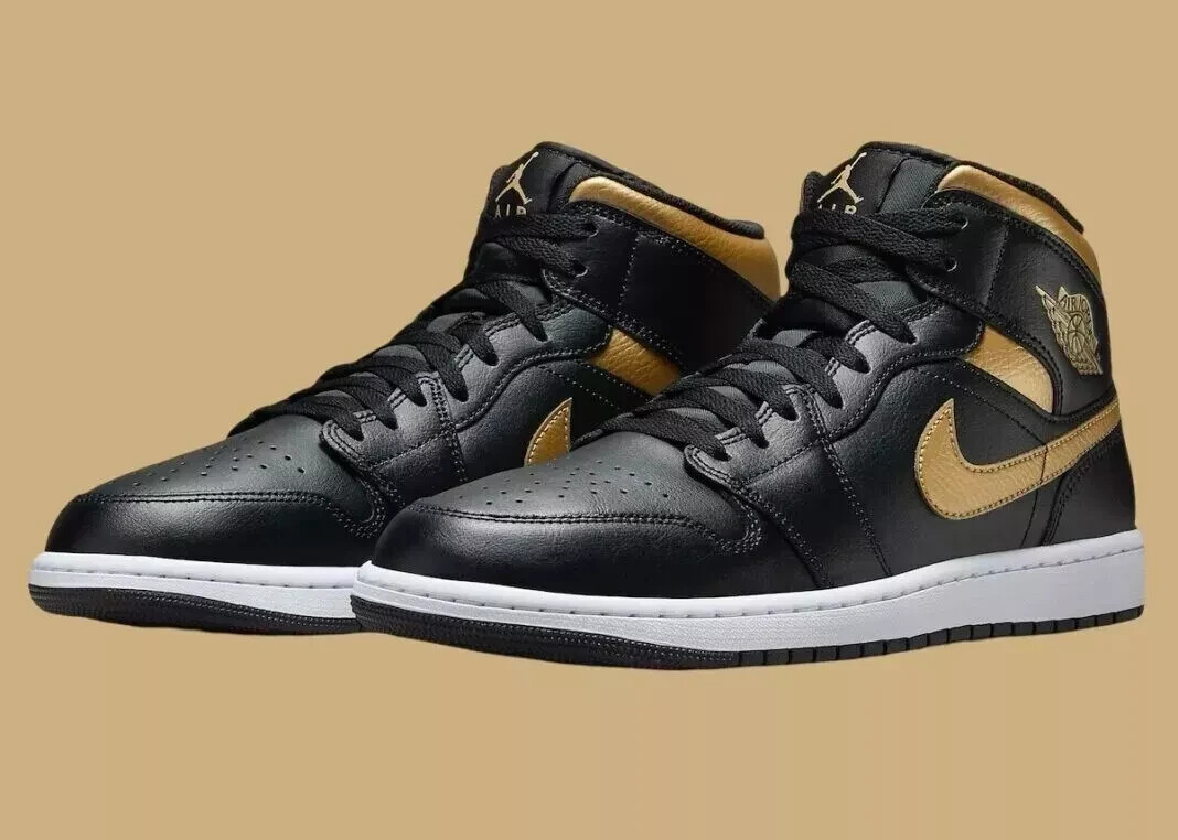 Size 6.5 - Air Jordan 1 Mid Black Metallic Gold for sale online | eBay