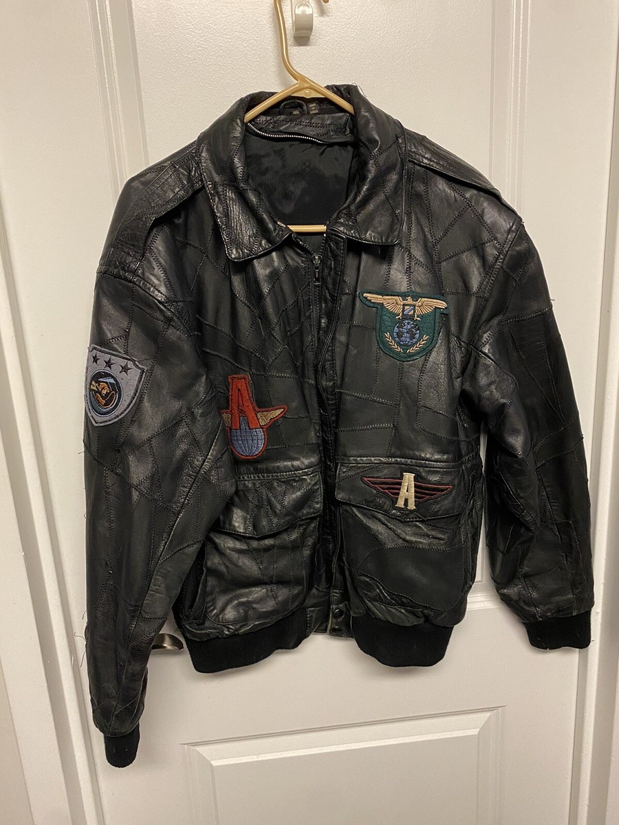 Vintage 80s Men's Patchwork Leather Bomber Jacket With Patches