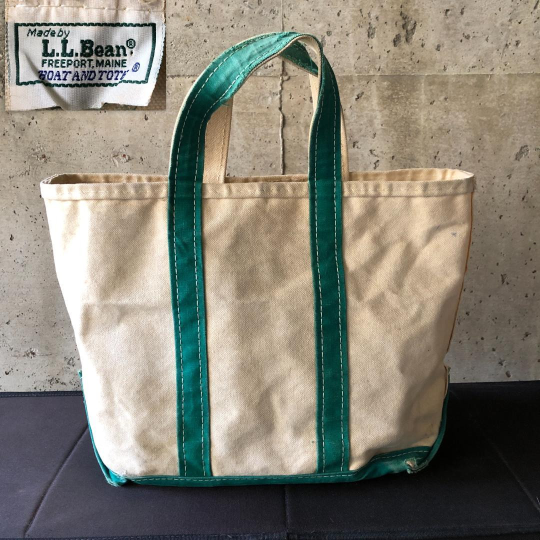L.L.Bean Vintage Boat and Tote Bag 80s M Size White Green Canvas
