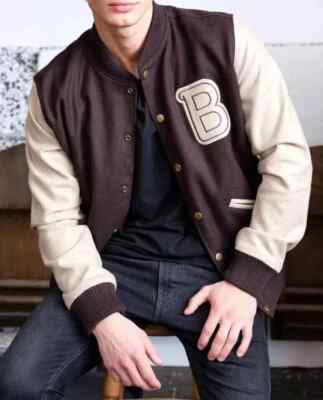 Men's Hotline Miami B Logo Bomber Varsity Letterman Brown Wool