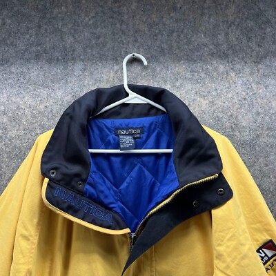Nautica Jacket Men Large Parka Yellow Blue Lined Full Zip Ski